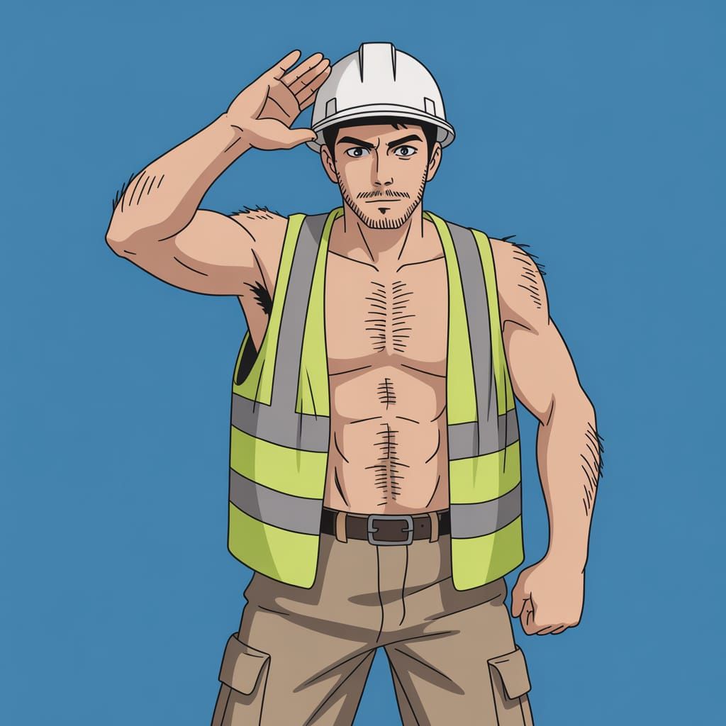 Ghibli Style Construction Worker with Hard Hat