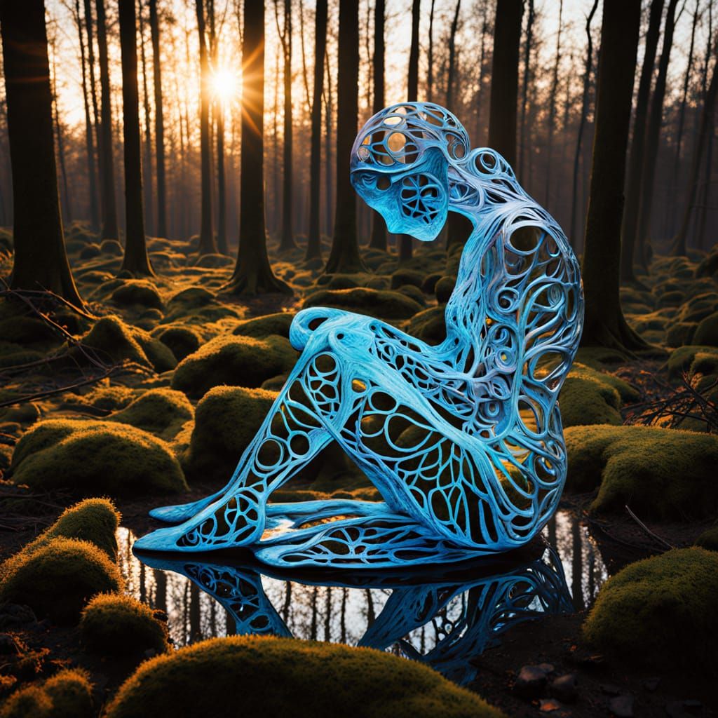 Surreal Bioluminescent Sculpture of Woman at Sunset