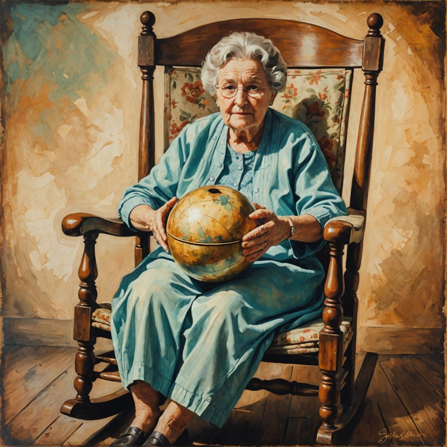 Ancient Orb with Granny, Vintage Oil Painting