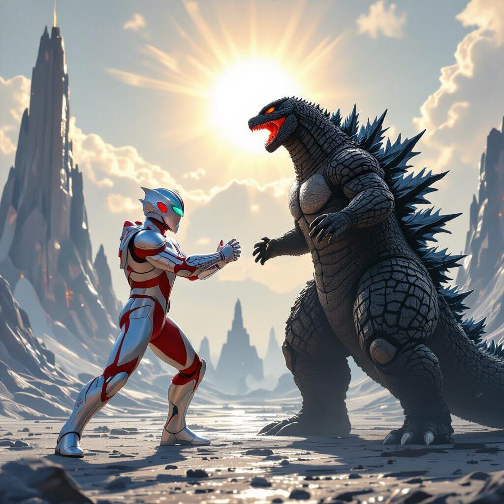 Ultraman Taro vs Godzilla in Retro-Futuristic 3D