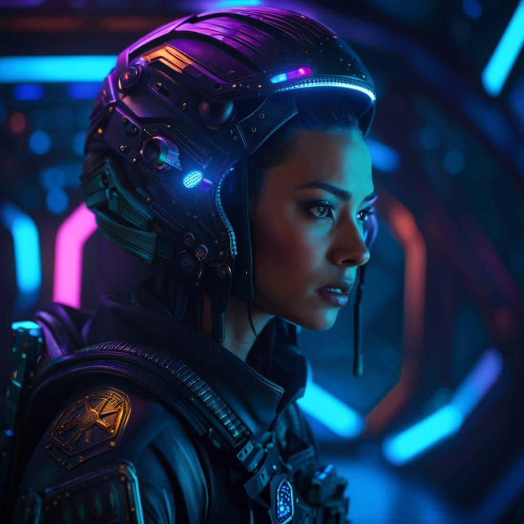 Cyberpunk Warrior Lost on Alien Ship in 8k