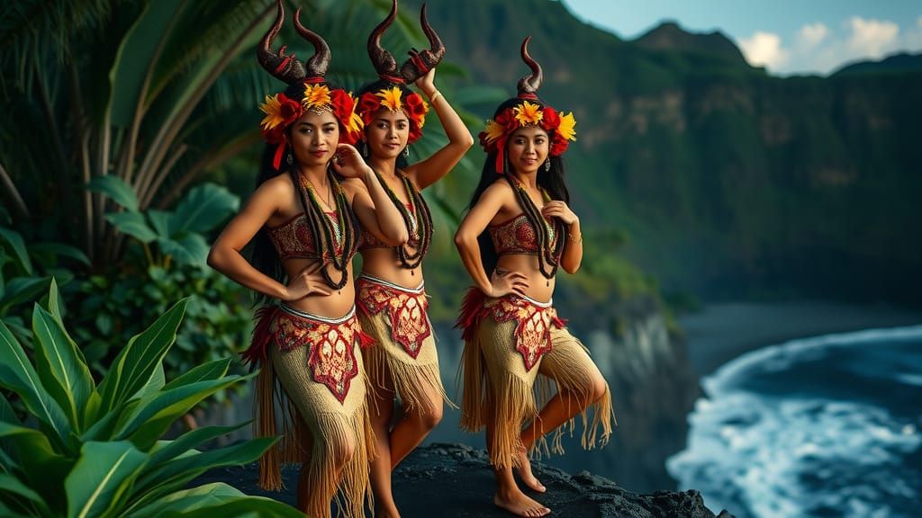Hula Dancers Honor Pele by Volcano, Cinematic Film Still
