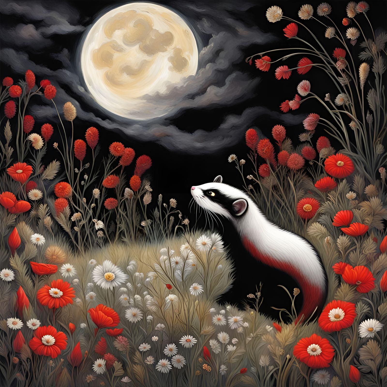 Vibrant Marble Polecat Roams Moonlit Meadow in Graffiti Art
