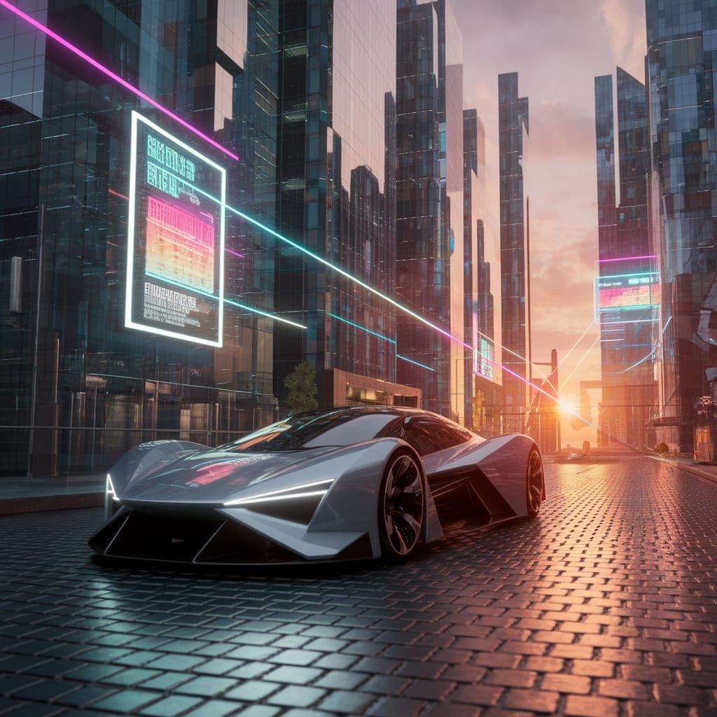 Futuristic Cityscape at Sunset in Cyberpunk Style