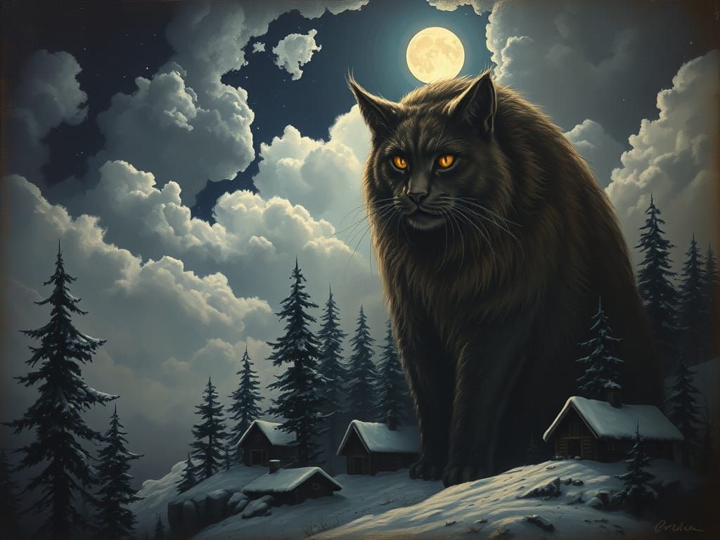 Eldritch Cat Colossus Over Siberian Village