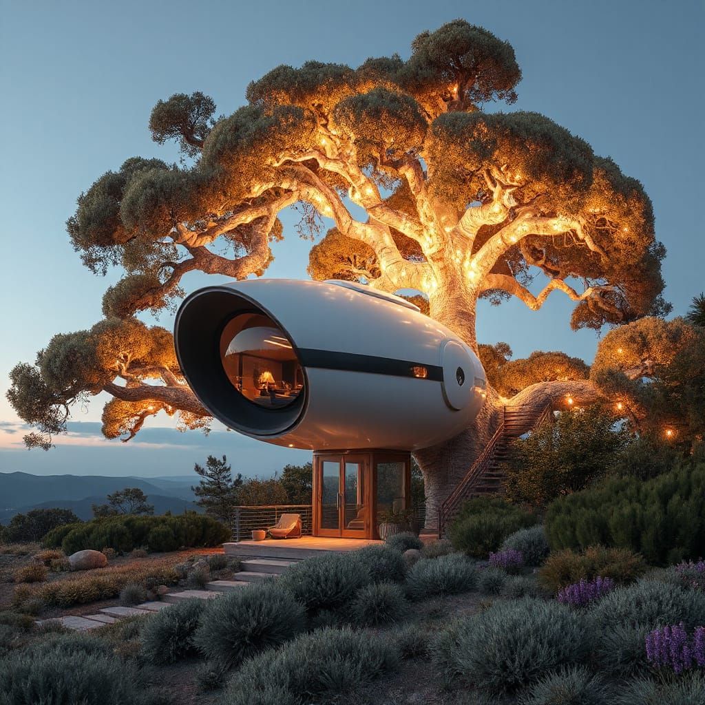 Futuristic Treehouse Pod in Glowing Branches