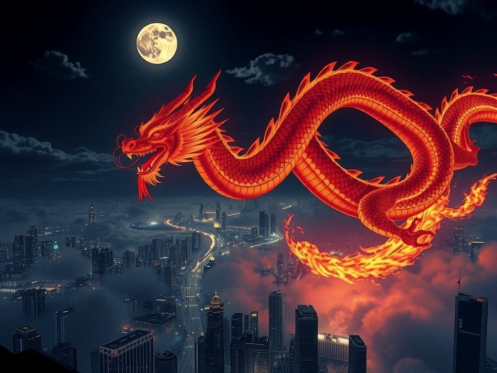 Chinese Dragon of Blazing Fire Soars Through Urban Night Sky