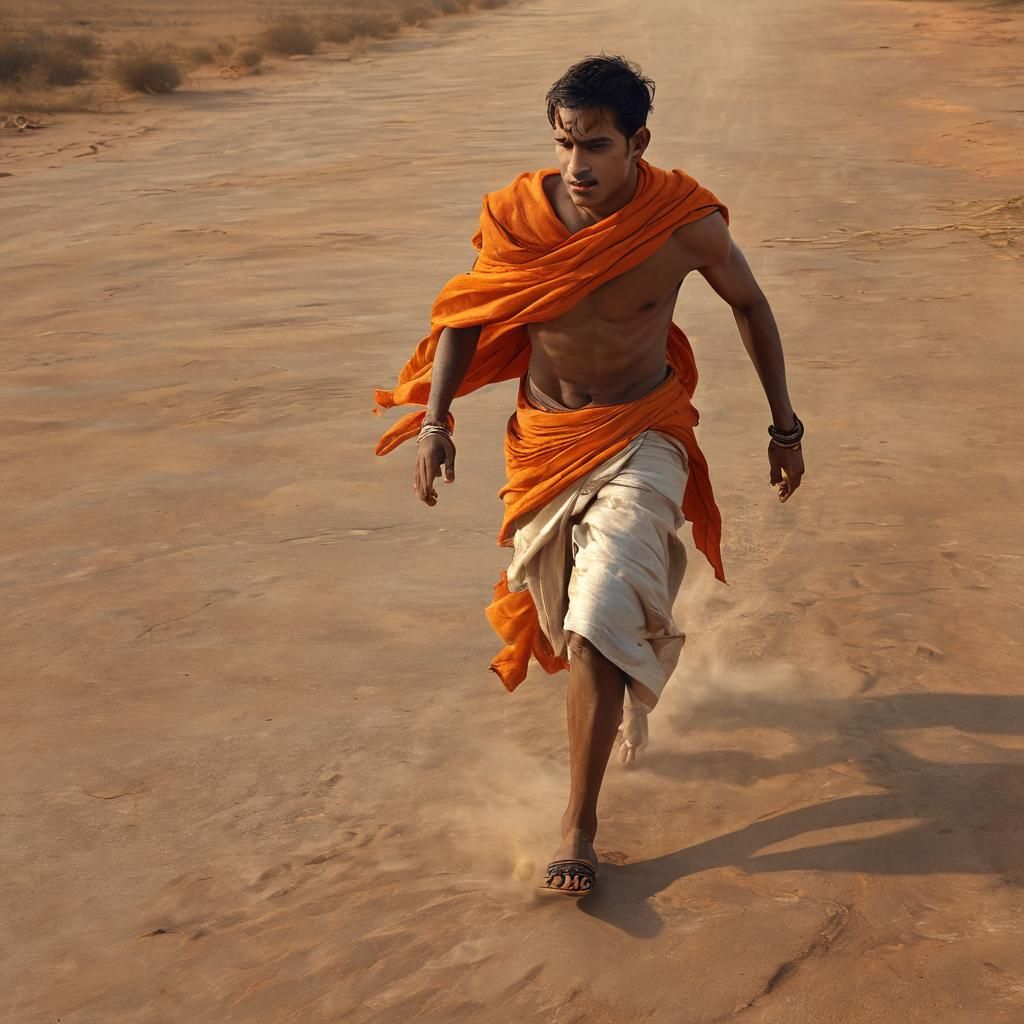 Hindu Boy Runs From Sage in Fantasy Landscape