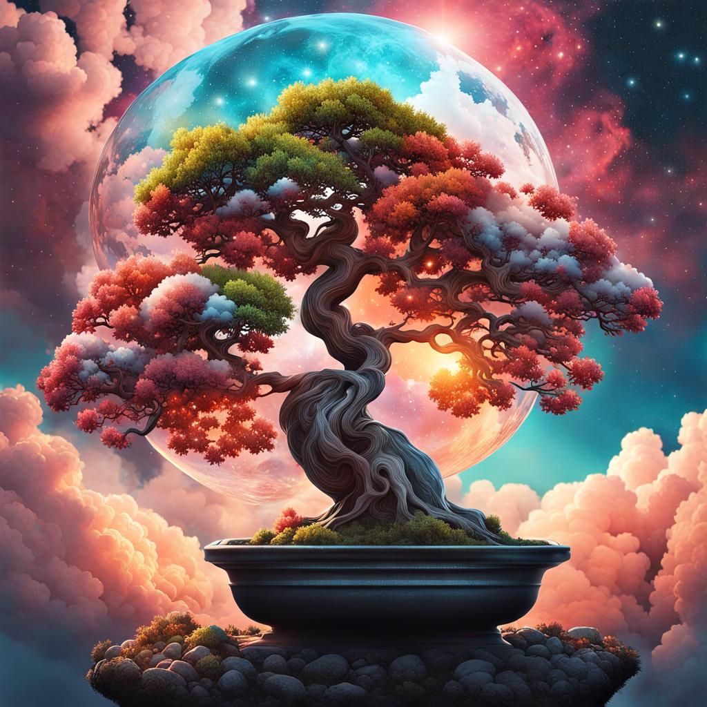Yggdrasil Bonsai Double Exposure with Sunset Clouds