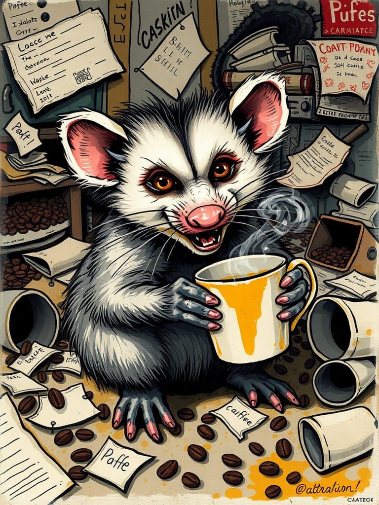 Frenzied Opossum Sips Coffee in Surreal Chaos