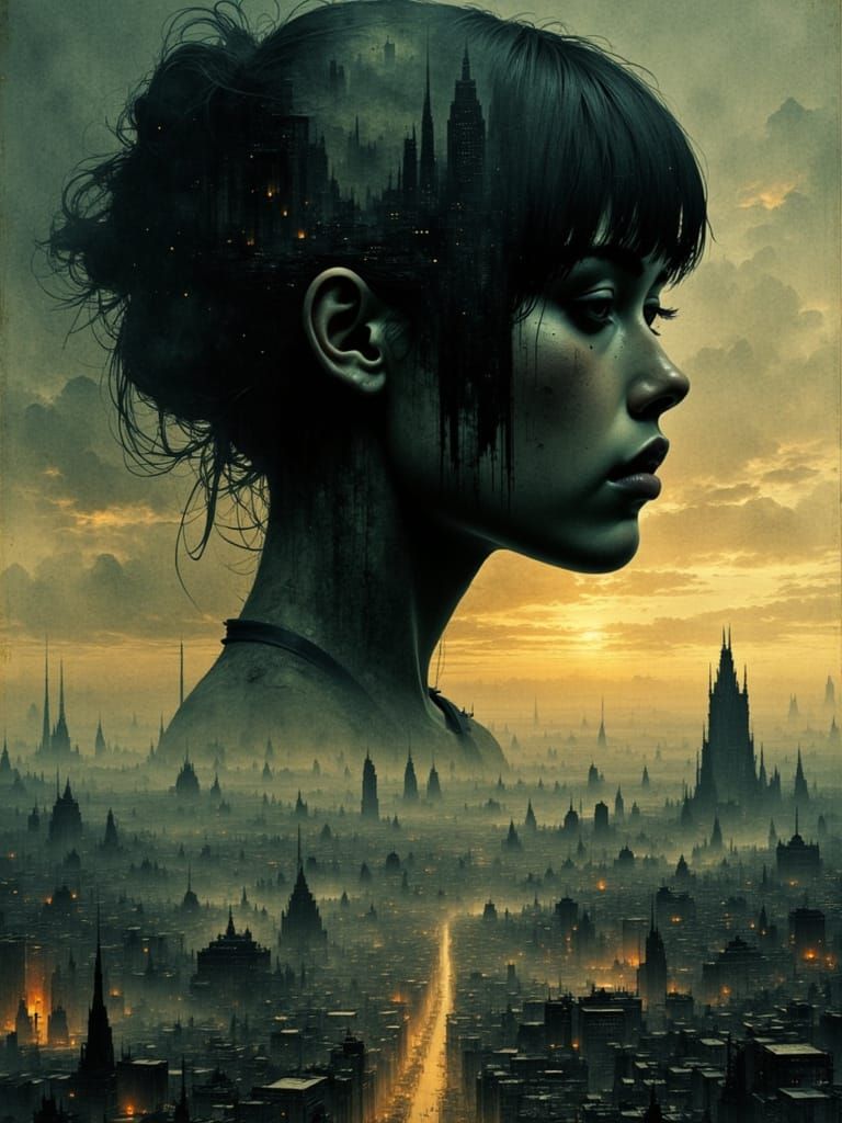 Sad Face Over Dystopian Cityscape