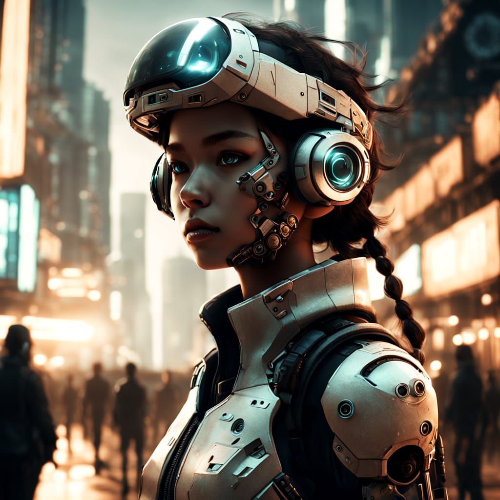 Cyborg Girl in Dystopian City Sci-Fi Illustration
