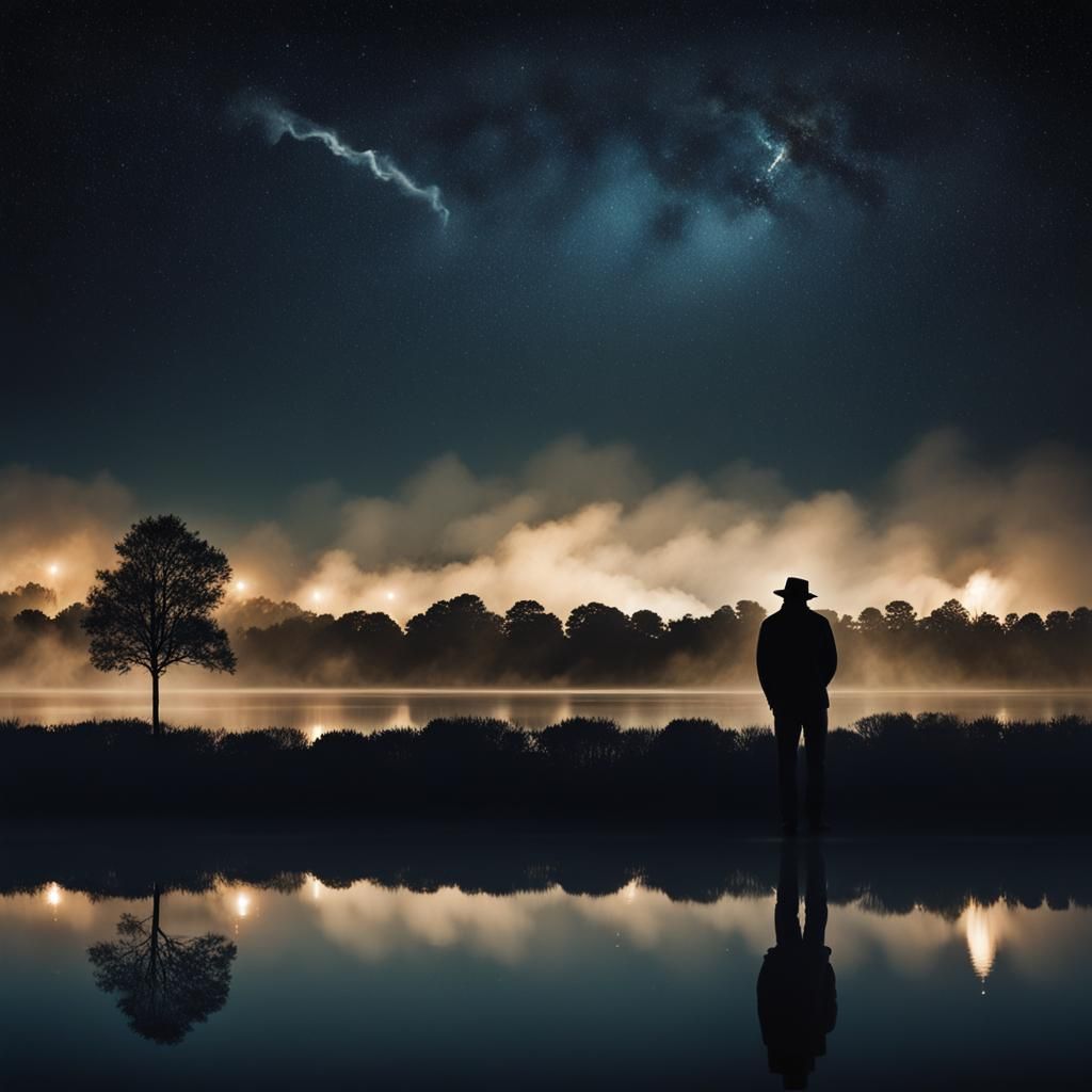 Minimalist Night Landscape with Smoking Figure