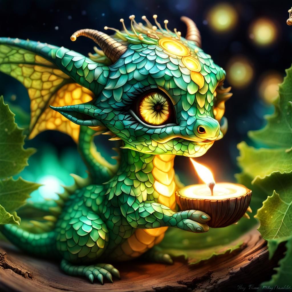 Adorable Baby Dragon in Backlit Forest Display