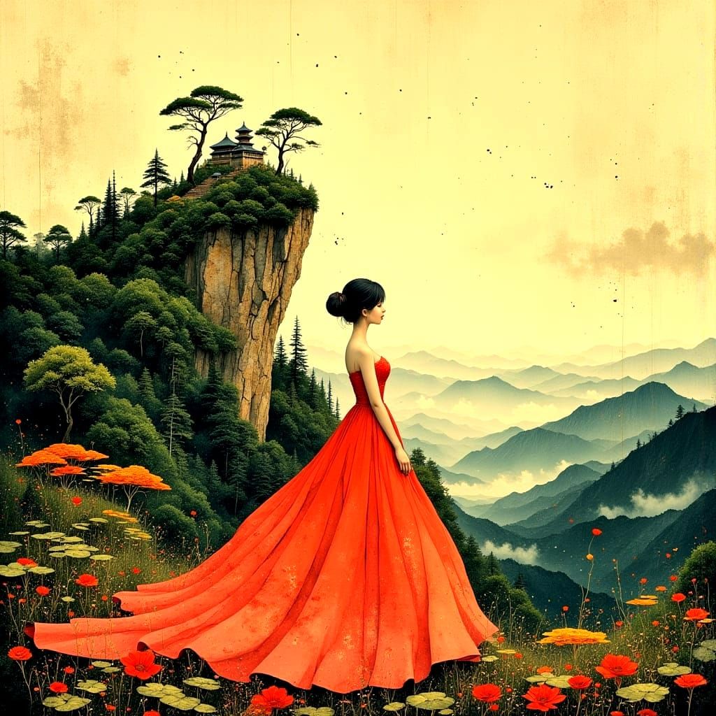 Woman Emerging from Hillside in Alphonse Mucha Style