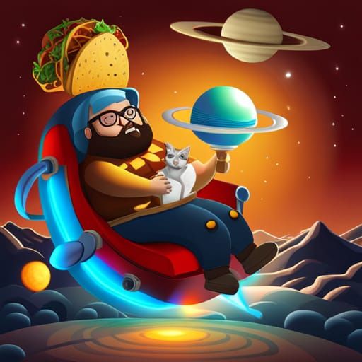 fat hipster in a rocket chair takes his cat to taco planet IX
