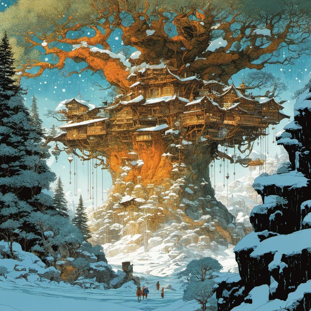 Elven Kingdom Under Snowy Tree of Life