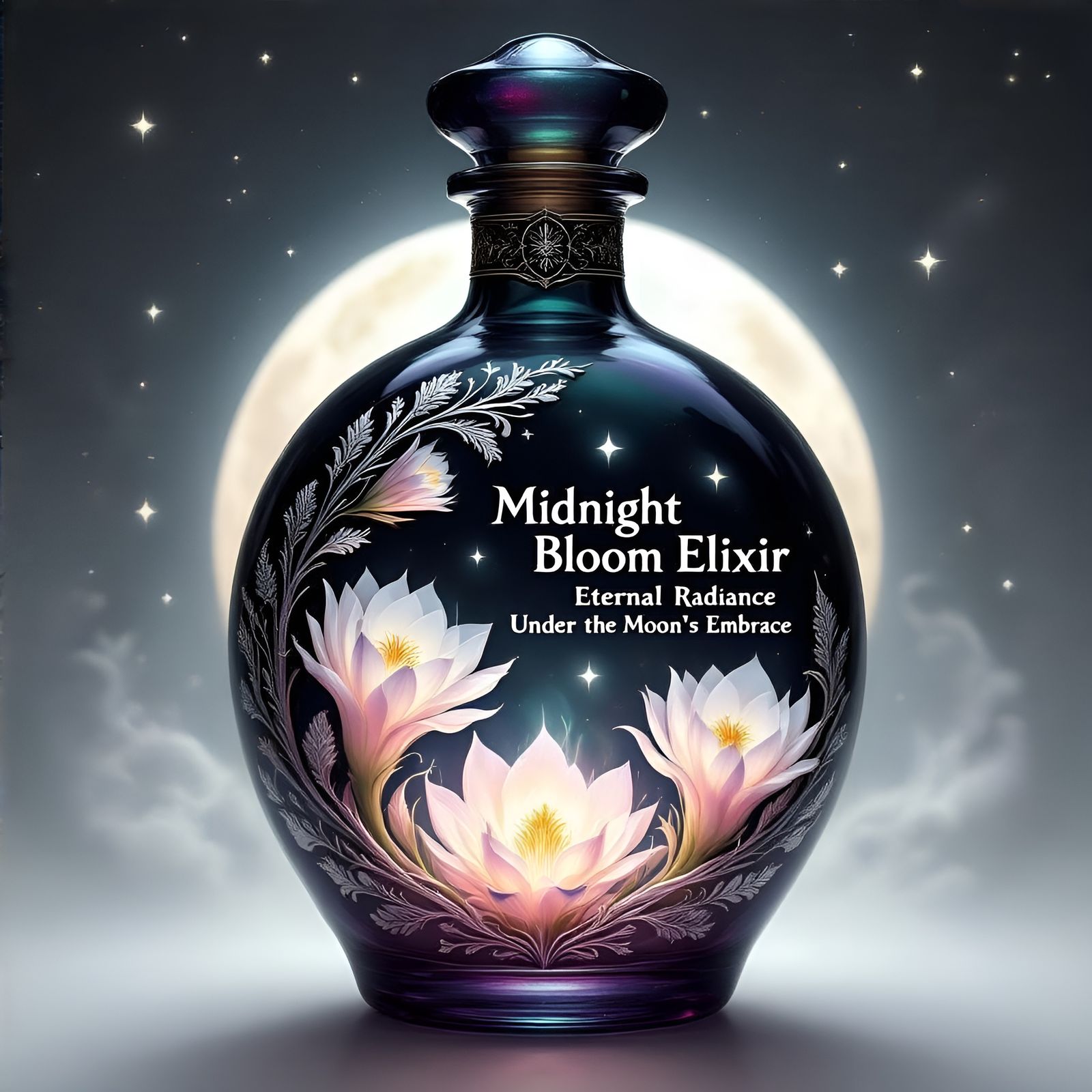 Midnight Bloom Elixir: Ethereal Glass Bottle in Art Nouveau ...