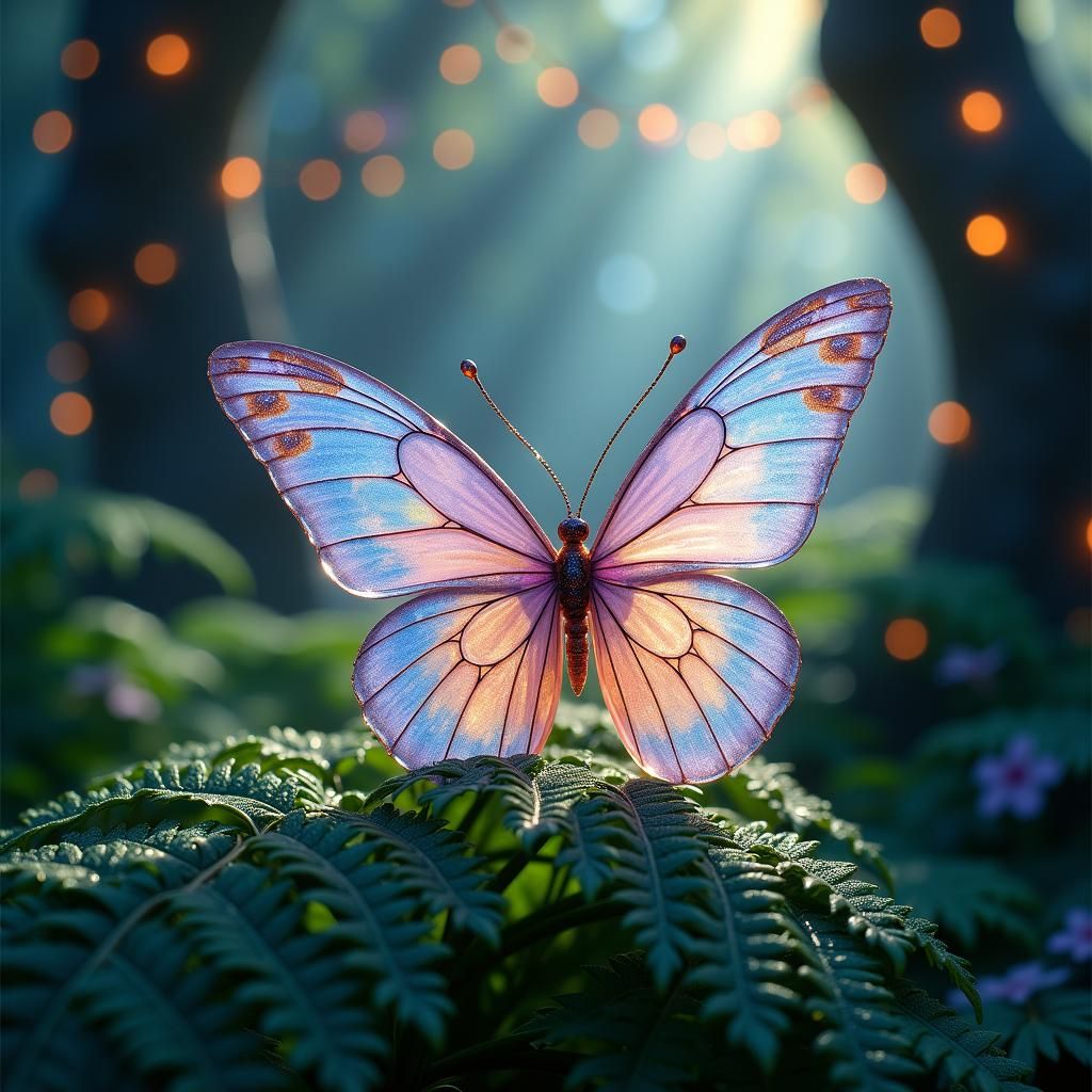 Glass Butterfly with Iridescent Wings in Mystical Garden