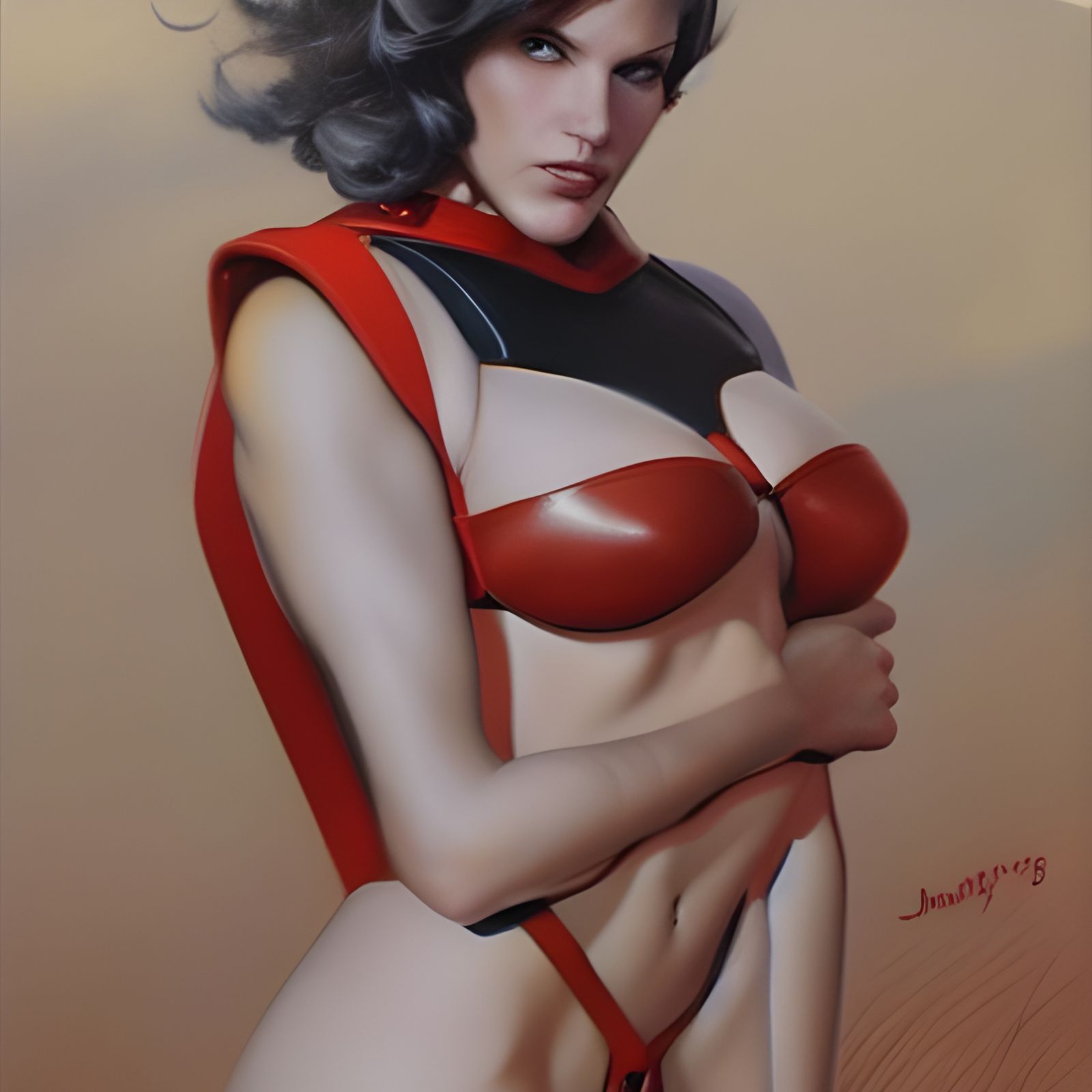 Superheroine in Leather Straps: Oil Painting