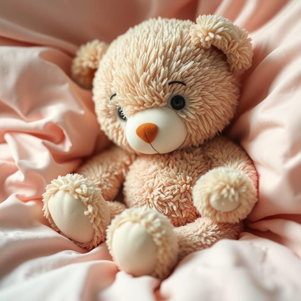 Macro Shot of Cute Teddy Bear on Pink Bed