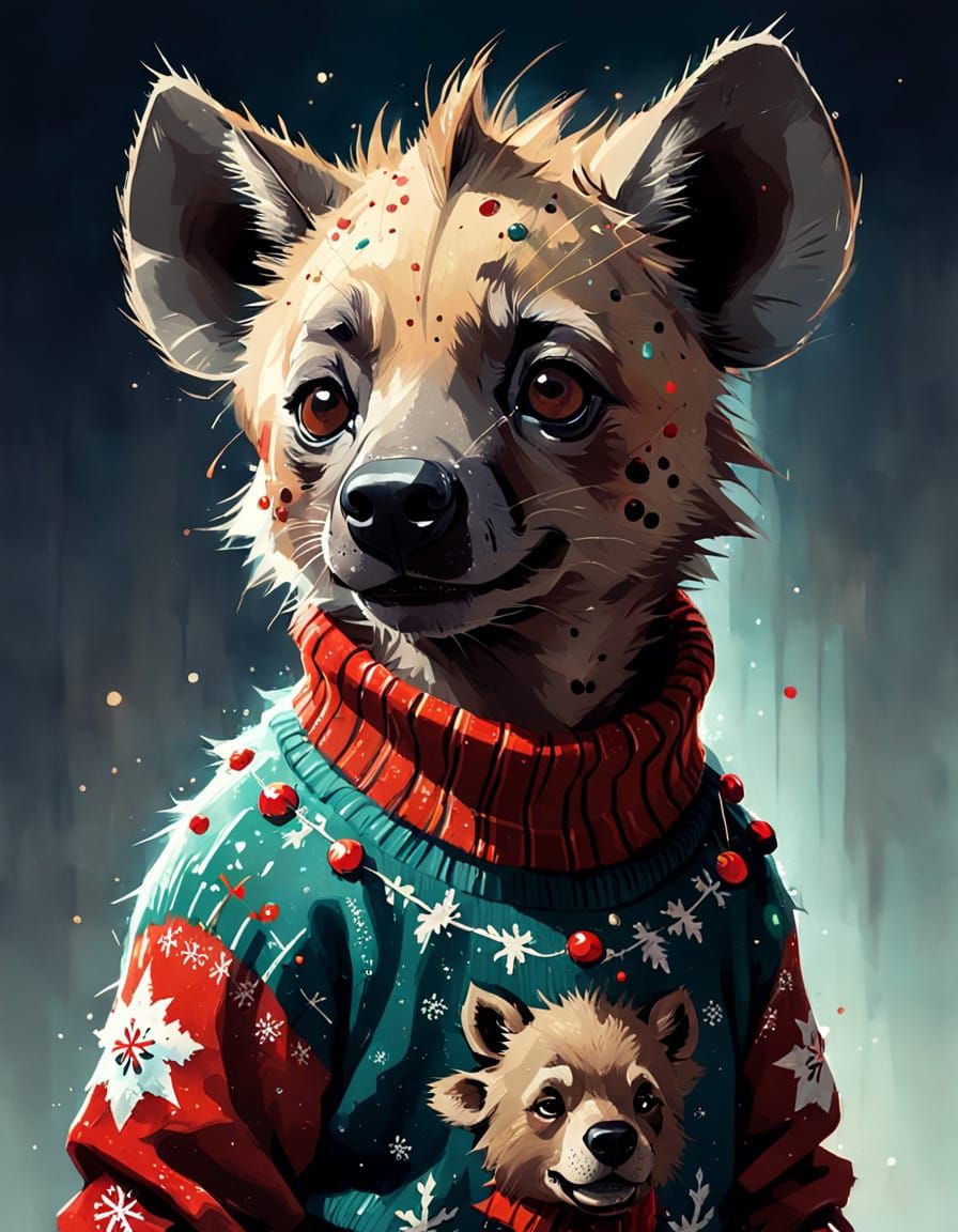 Adorable Hyena in Christmas Sweater Digital Painting