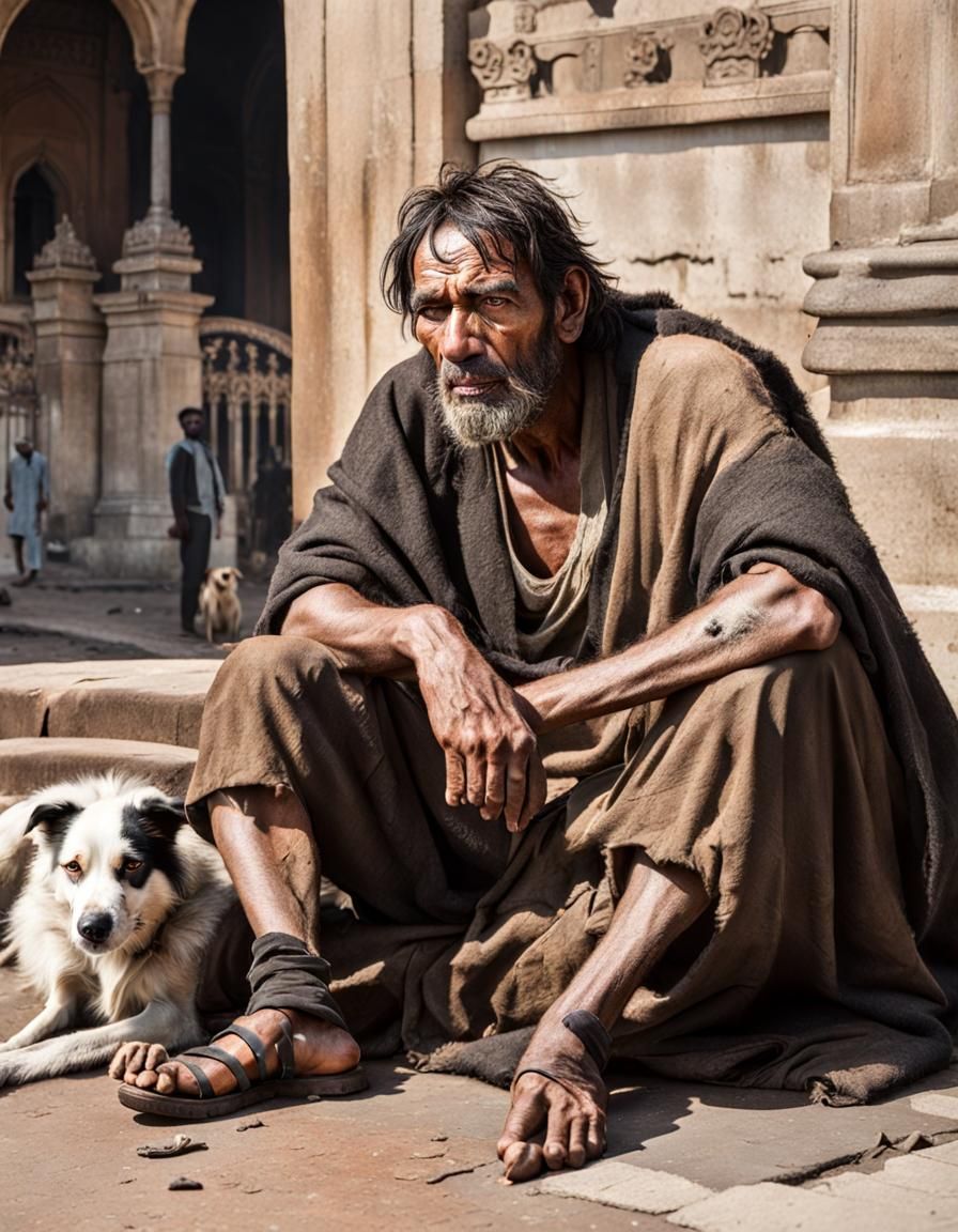 Poor Man at Palace Gate with Stray Dogs