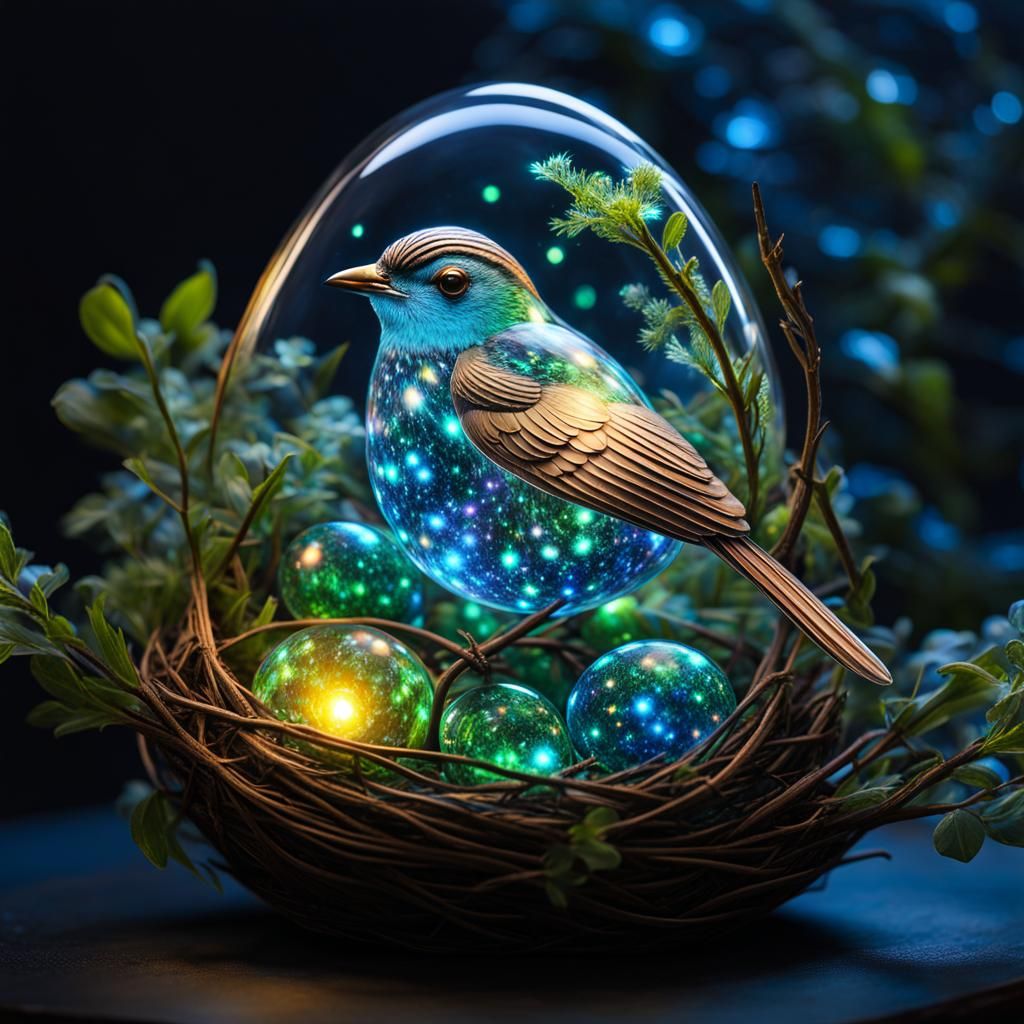 Bioluminescent Glass Bird in Galactic Nest