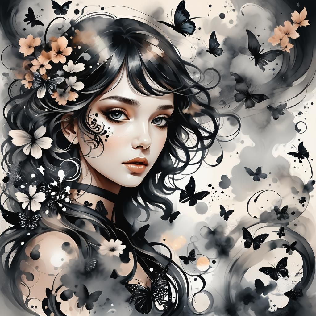 Watercolor Girl Surrounded by Black Butterflies