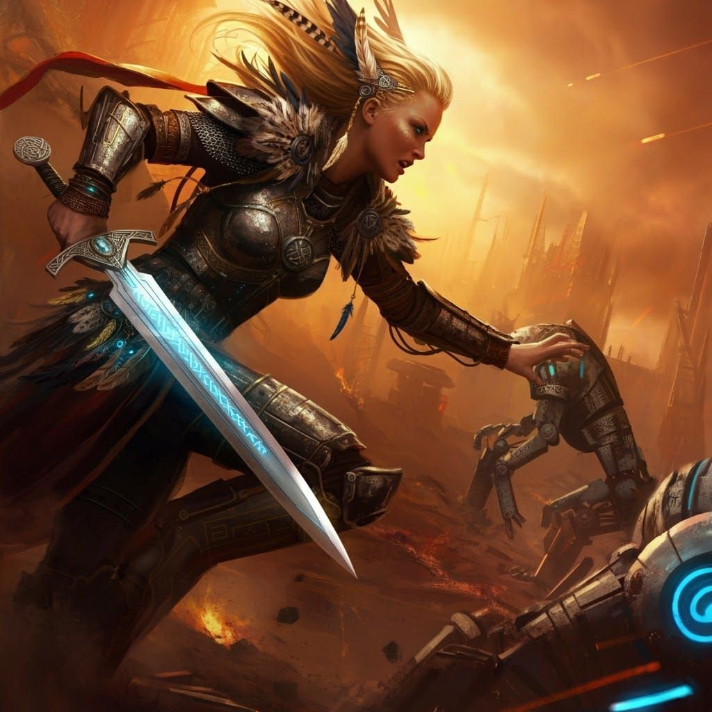 Valkyrie Battles Mechanical Behemoth in Futuristic Cityscape