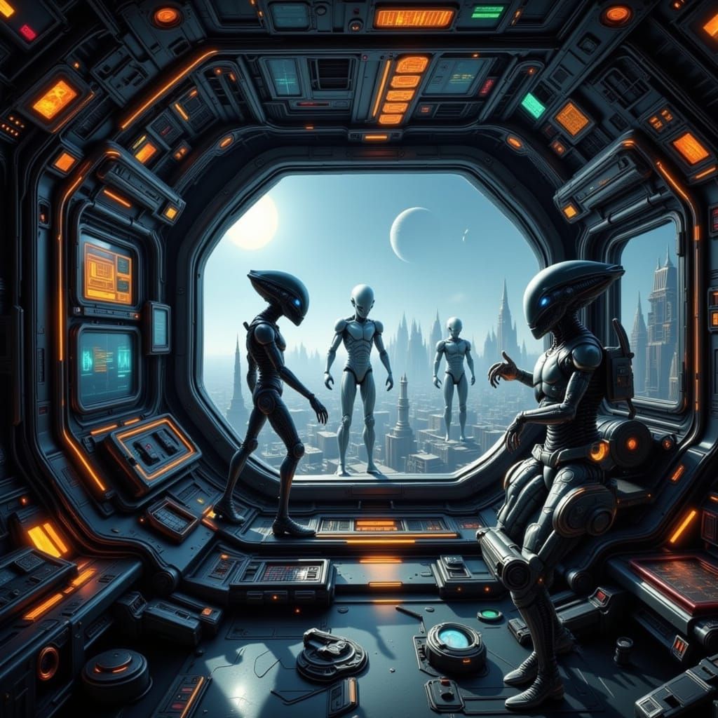 Aliens Aboard Spaceship Gaze Outward in Sci-Fi Style