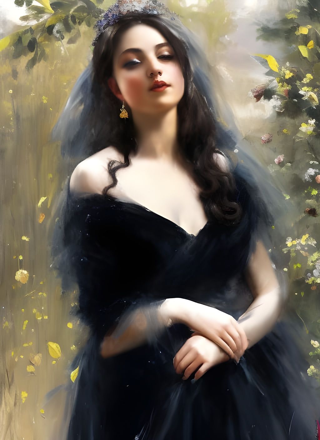 Princess in Black Velvet Dress: Oil Painting