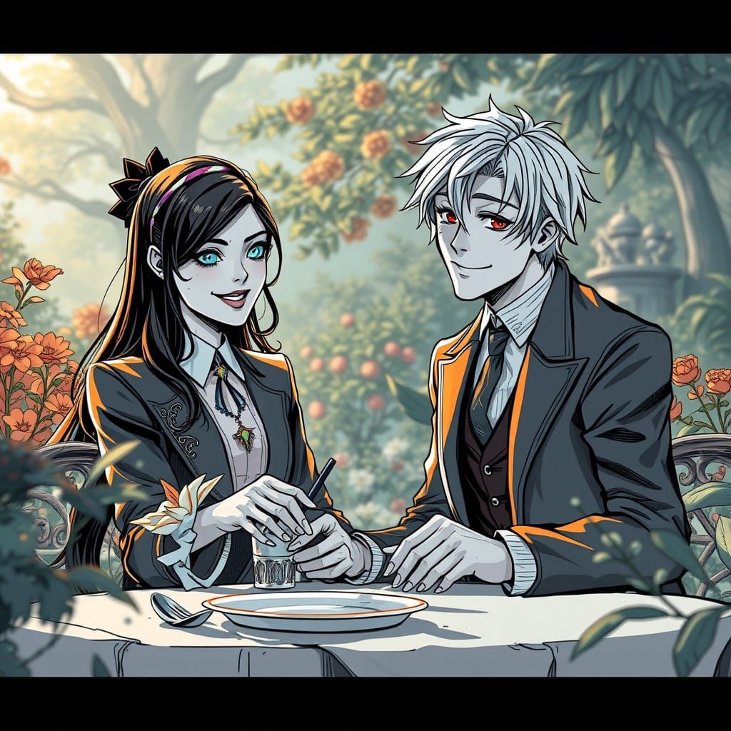 Romantic Gothic Couples in a Whimsical Garden