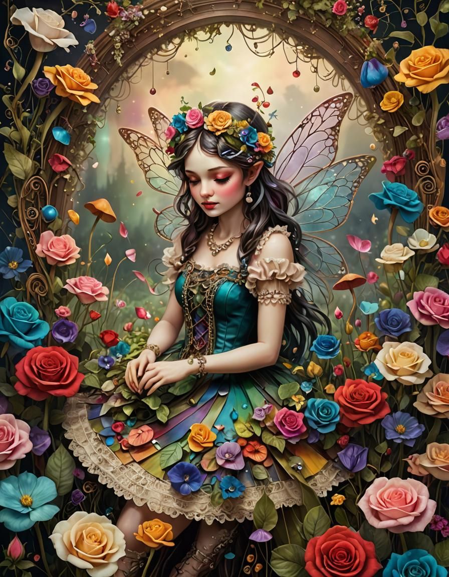 Vintage Fairy with Rainbow Flowers, Detailed Matte Painting