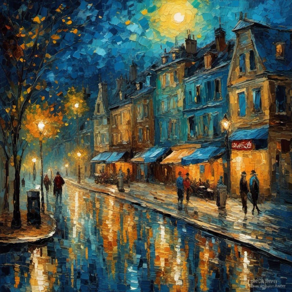 City Street at Night in Neo-Impressionist Style