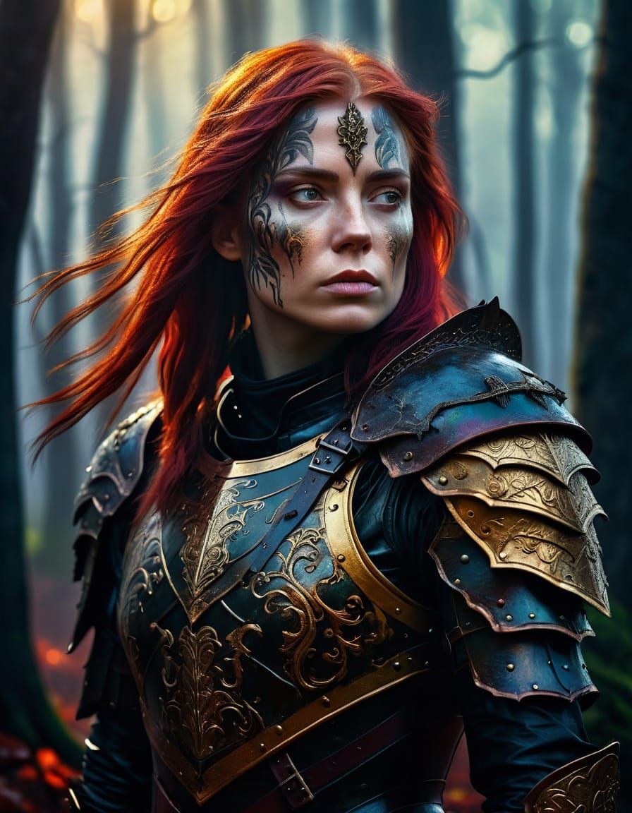 Woman in Leather Armor in Misty Forest, Dark Fantasy Art