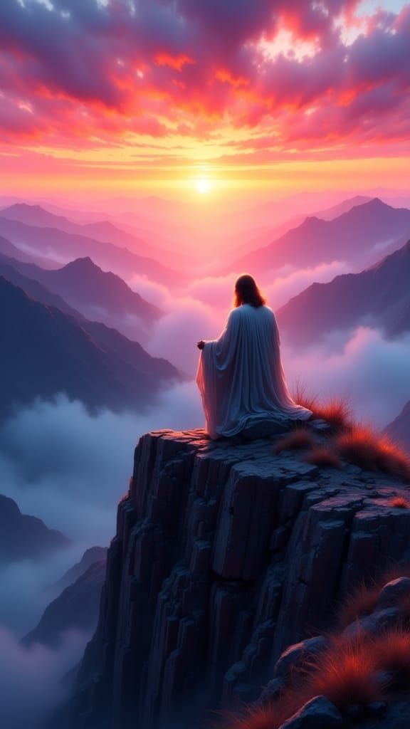 Wise Man Descends Mountain at Twilight