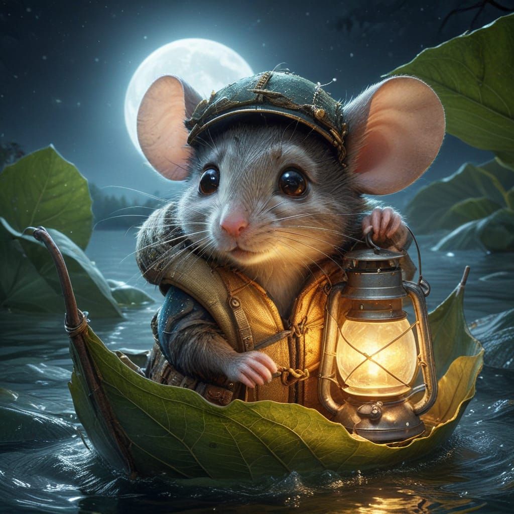 Mouse in Leaf Boat with Lantern at Night