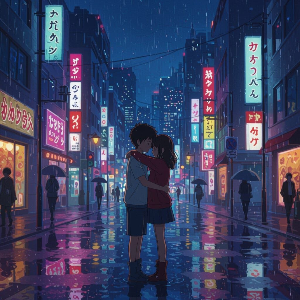 Lofi Couple Hugging in Rainy City Night