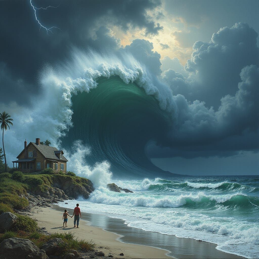 Tsunami Wave Engulfs Coastal House in a Stormy Sky