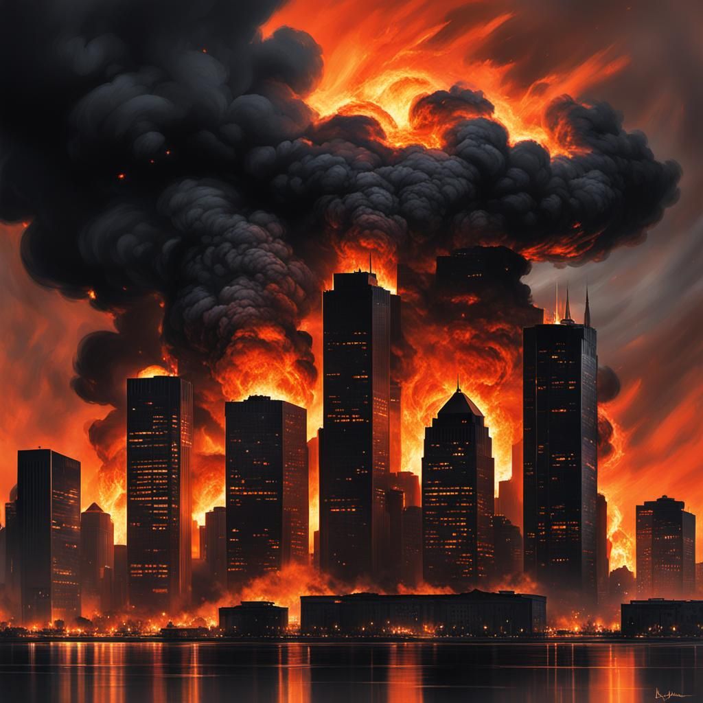 Infernal Cityscape Ablaze: Sinister Digital Painting
