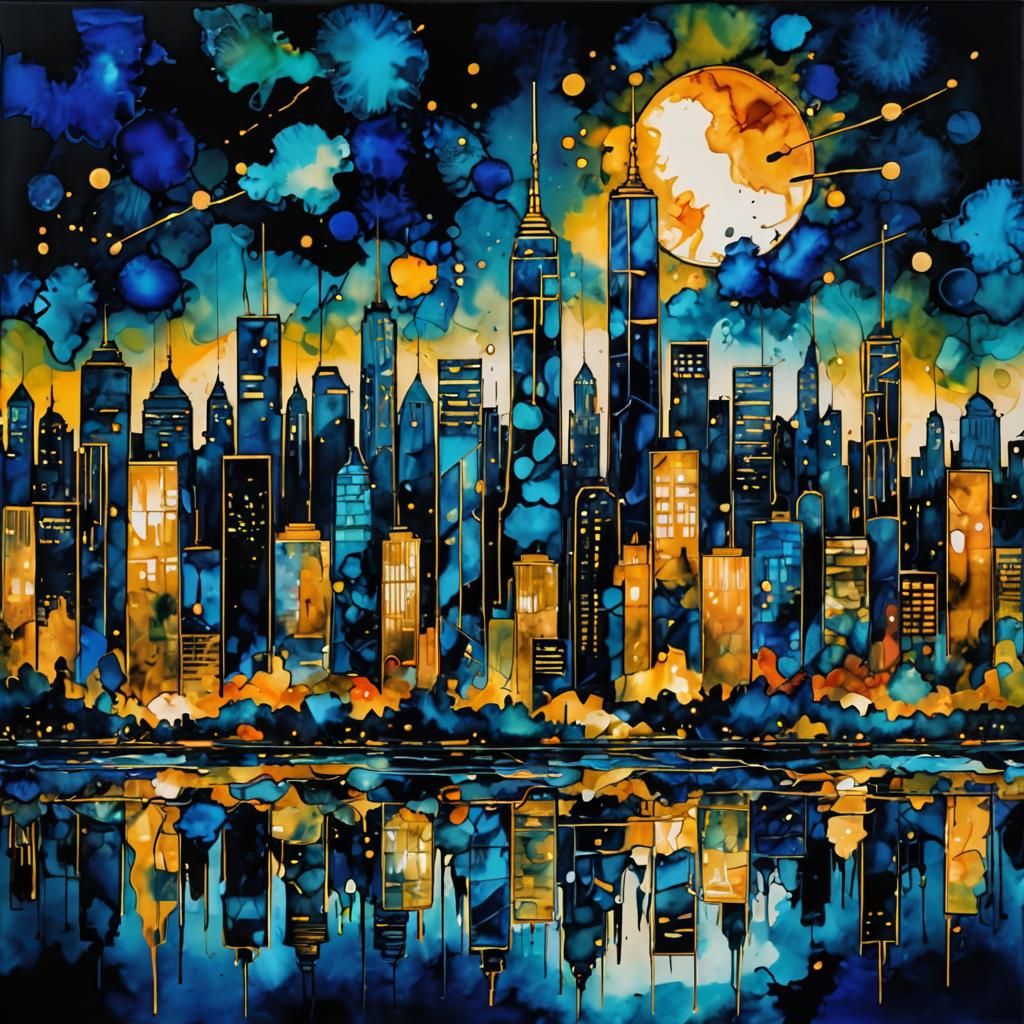NYC Skyline in Alcohol Ink Abstract Expressionism