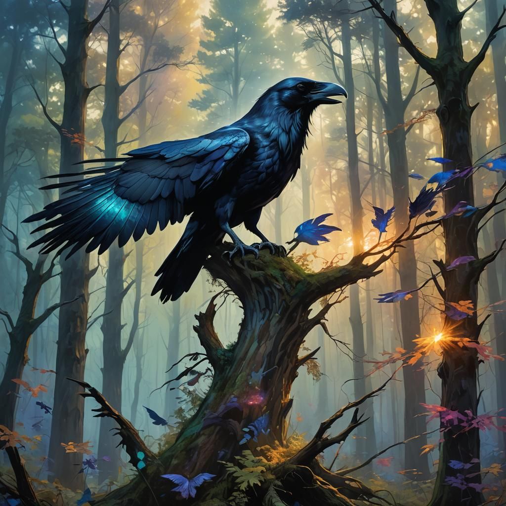 Majestic Raven Horse in Mystical Forest, Vivid Oil Painting