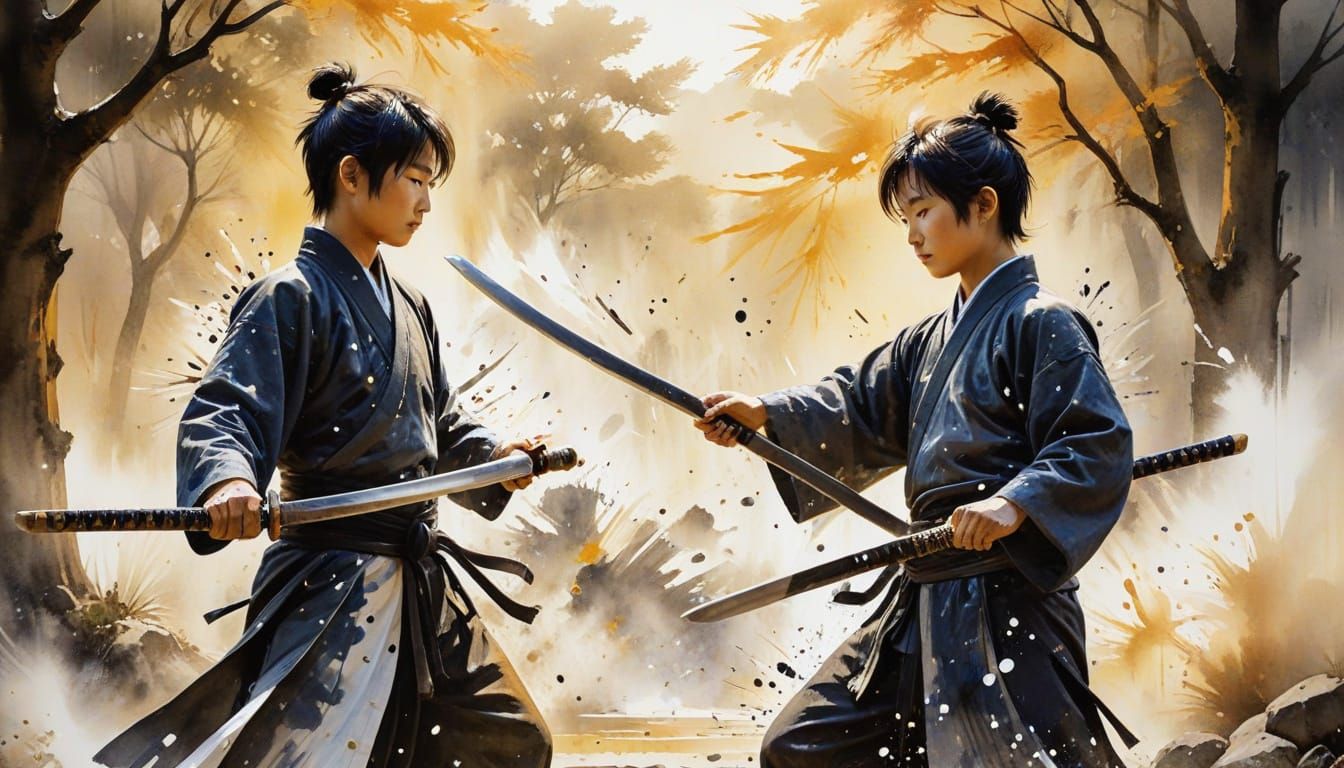 Sumi-e painting of intense Young wuxia boys practice with fo...