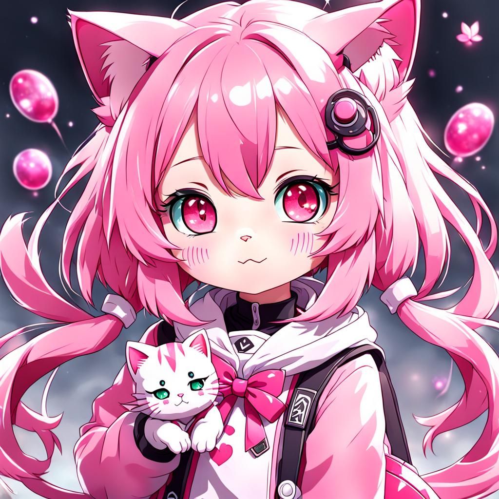 Anime-Style Pink Cat Girl Illustration