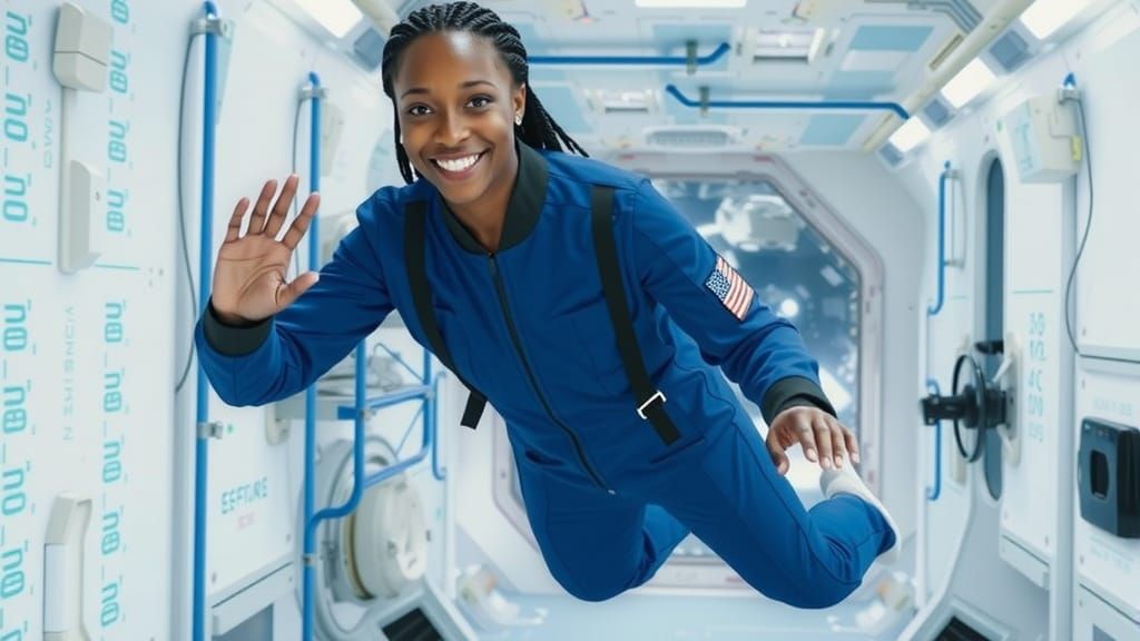Cheerful Black Female Astronaut in Futuristic Space Station