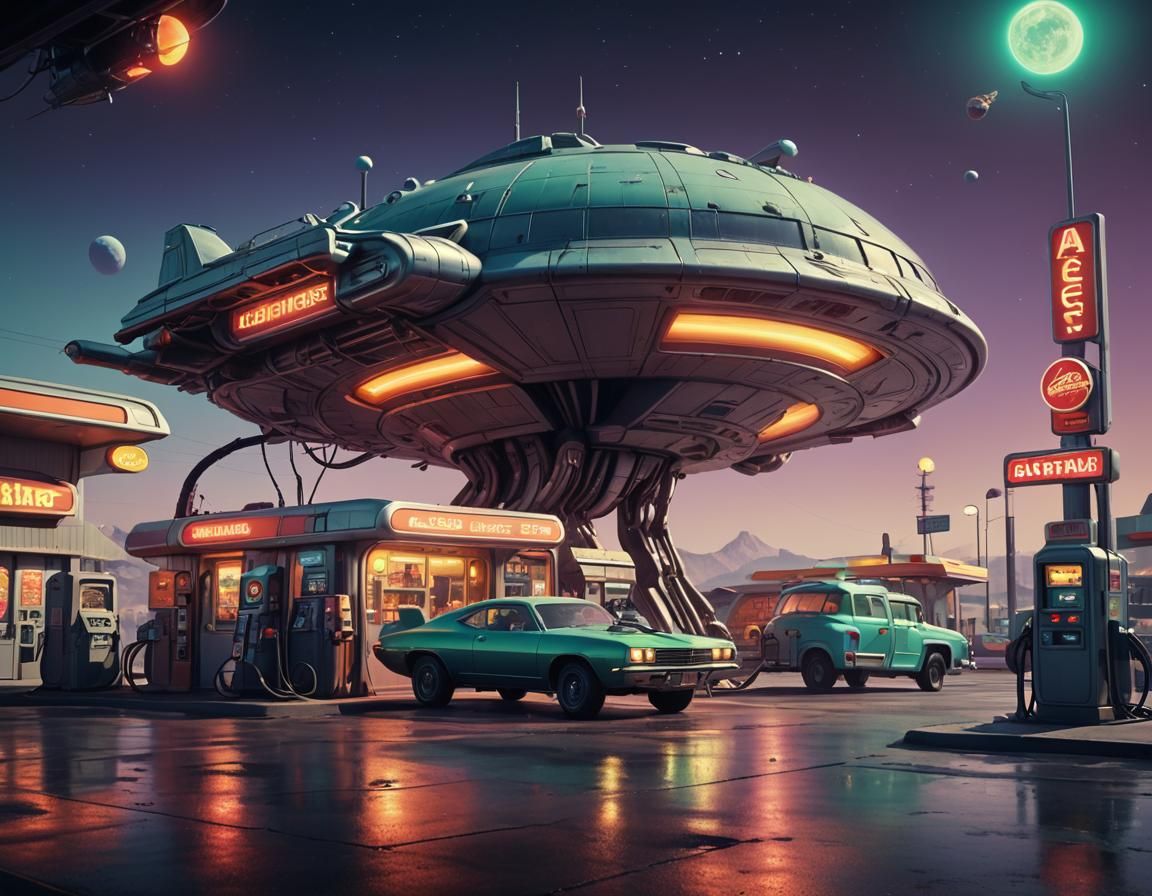 Retro-Futuristic Alien Gas Station on Moonbase