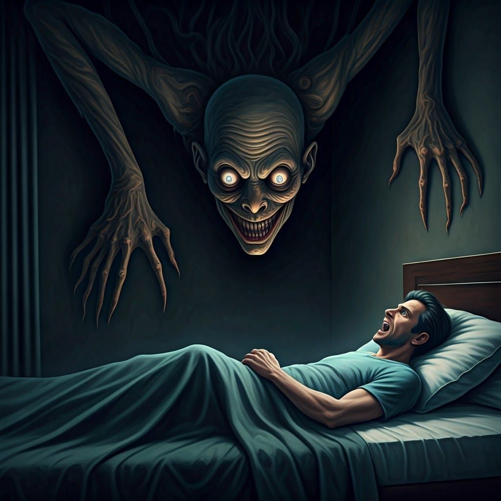 Surrealistic Nightmare Demon Clings to Ceiling in Dark, Surr...