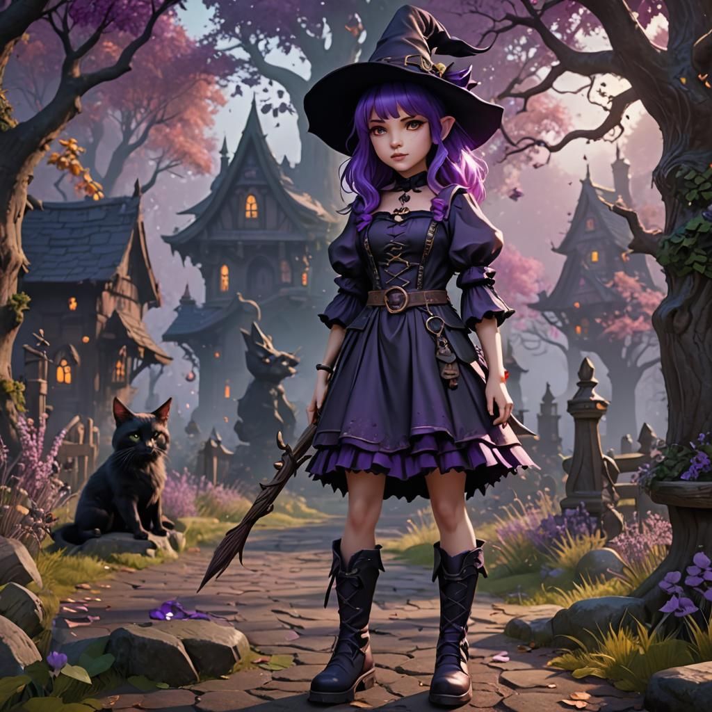 Cute Witch Girl in Boots: Detailed Fantasy Art