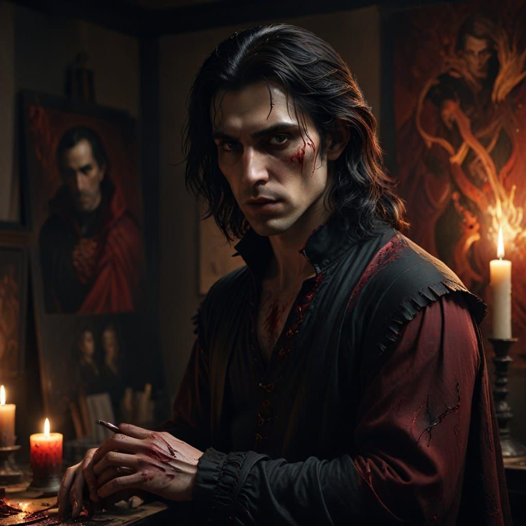 Hyperreal Vampire Artist in Dark, Moody Studio